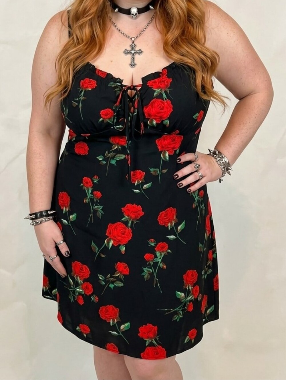 Black Slip Dress w/Red Rose Print Ruffle & Bow Detail, Romantic Goth, Coquette